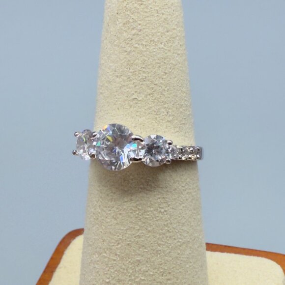 Three Stone Cubic Zirconia Engagement Ring Silver Tone Round Cut Size 6 - Picture 9 of 14